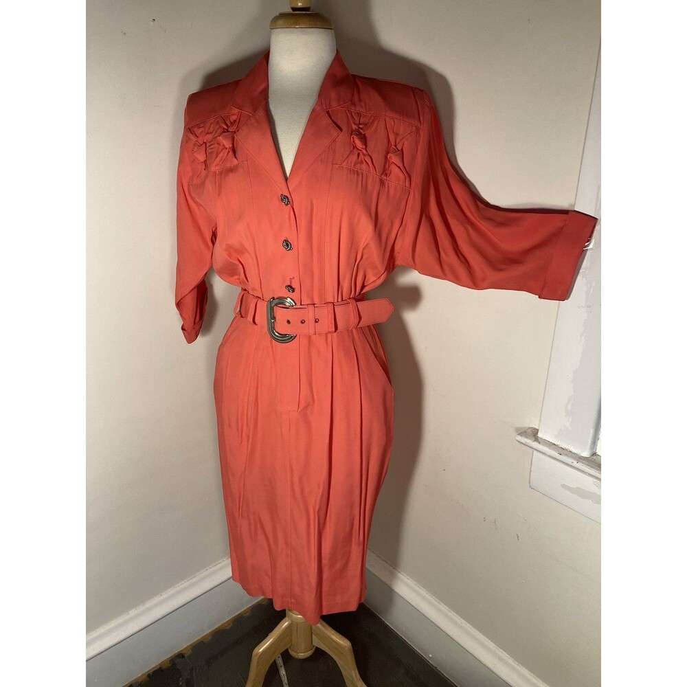 Vintage Piccalino Petites 8 8p Coral Pink Dress AMAZING Belt & Shoulder Pads !